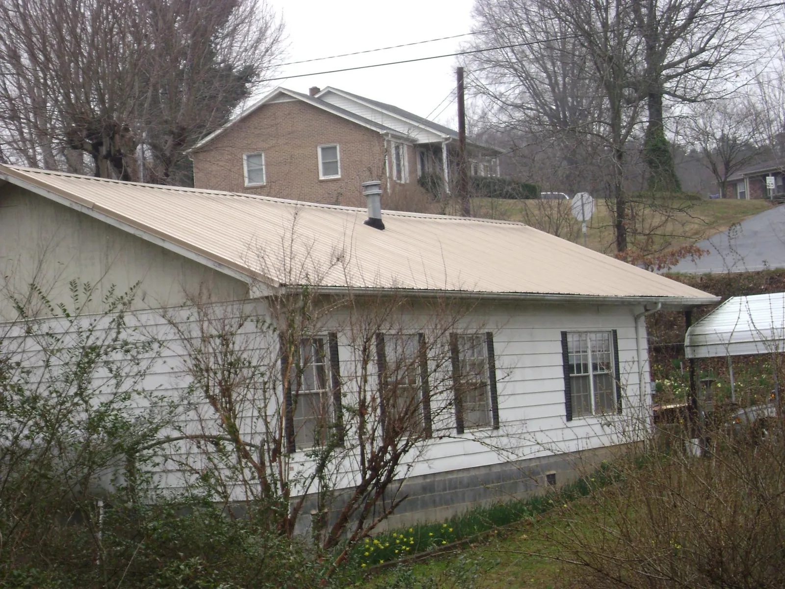 Tan metal roof on a white sided house set into a hillside — Commercial Roofing by Roofing Brothers in Ahsahka